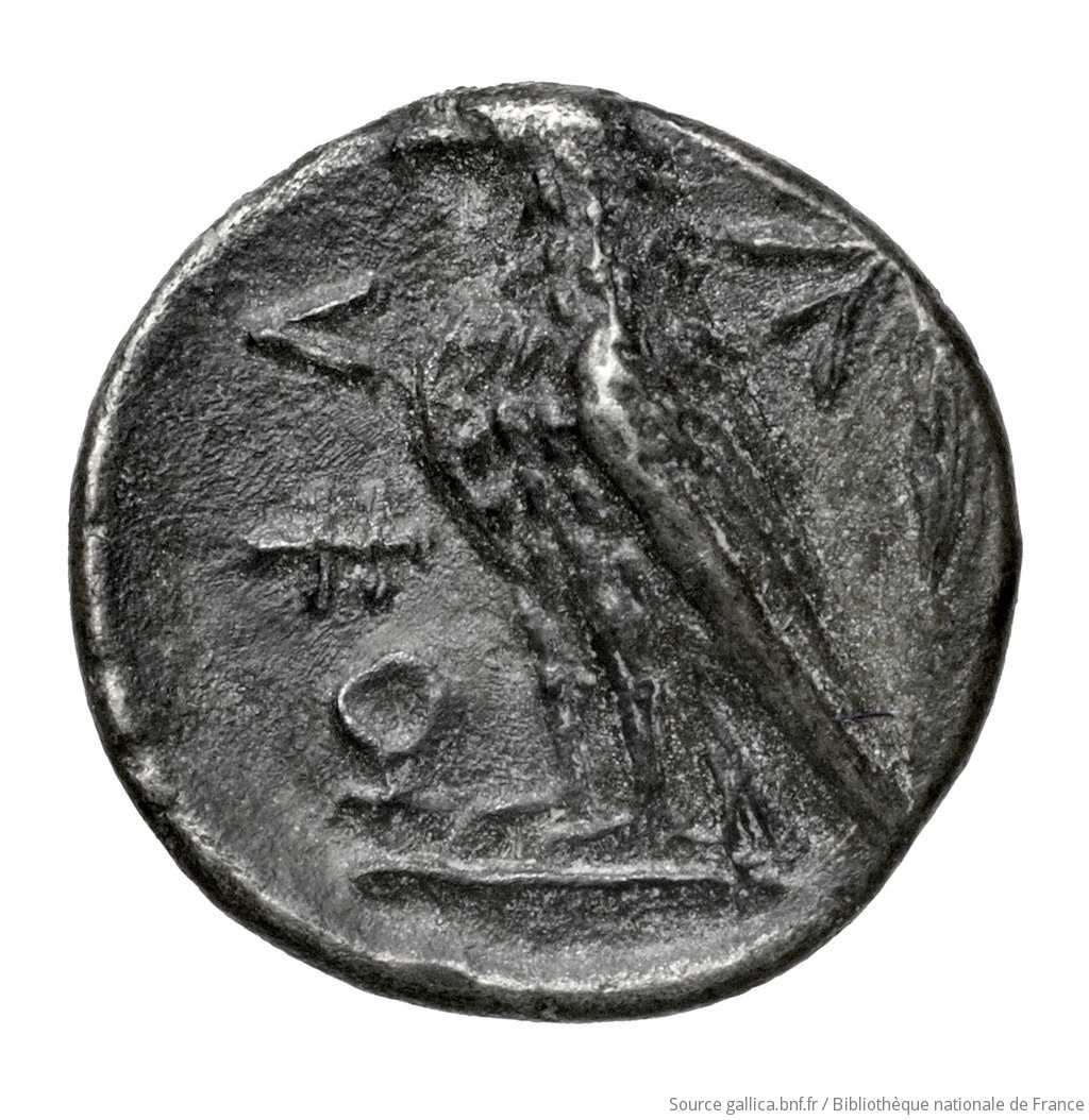 Οπισθότυπος 'SilCoinCy A4600, Fonds général, acc.no.: Babelon 752B. Silver coin of king Stasandros of Paphos 460 - ?. Weight: 0.66g, Axis: 11h, Diameter: 10mm. Obverse type: Bull standing left on exergual line; above, winged solar disk: border of dots.. Obverse symbol: -. Obverse legend: - in -. Reverse type: Eagle standing left; at its feet, left, ankh; to left above, olive spray: incuse square.. Reverse symbol: -. Reverse legend: pa-sa in Cypriot syllabic. 'Catalogue des monnaies grecques de la Bibliothèque Nationale: les Perses Achéménides, les satrapes et les dynastes tributaires de leur empire: Cypre et la Phénicie'.