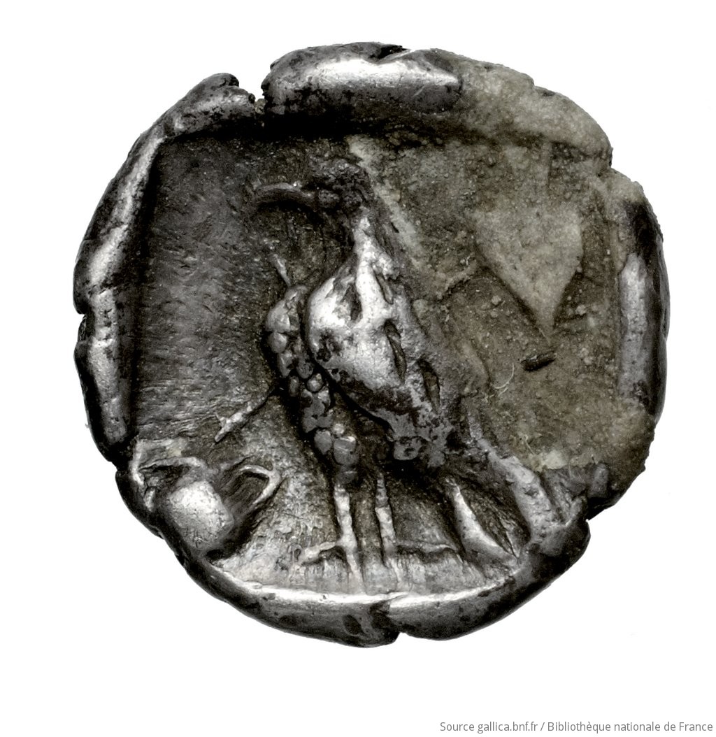 Οπισθότυπος 'SilCoinCy A4602, Fonds général, acc.no.: . Silver coin of king Stasandros of Paphos 460 - ?. Weight: 0.80g, Axis: 9h, Diameter: 10mm. Obverse type: Bull standing left on exergual line; above, winged solar disk: border of dots.. Obverse symbol: -. Obverse legend: - in -. Reverse type: Eagle standing left; at its feet, left, one-handled vase; to right above, ivy-leaf: incuse square.. Reverse symbol: -. Reverse legend: - in -.