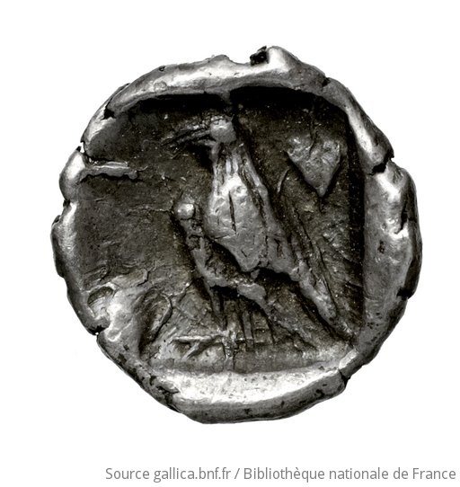 Οπισθότυπος 'SilCoinCy A4603, Fonds général, acc.no.: . Silver coin of king Stasandros of Paphos 460 - ?. Weight: 0.38g, Axis: 12h, Diameter: 8mm. Obverse type: Bull standing left on exergual line; above, winged solar disk: border of dots.. Obverse symbol: -. Obverse legend: - in -. Reverse type: Eagle standing left; at its feet, left, ankh (?), to right above, ivy-leaf: incuse square.. Reverse symbol: -. Reverse legend: - in -.