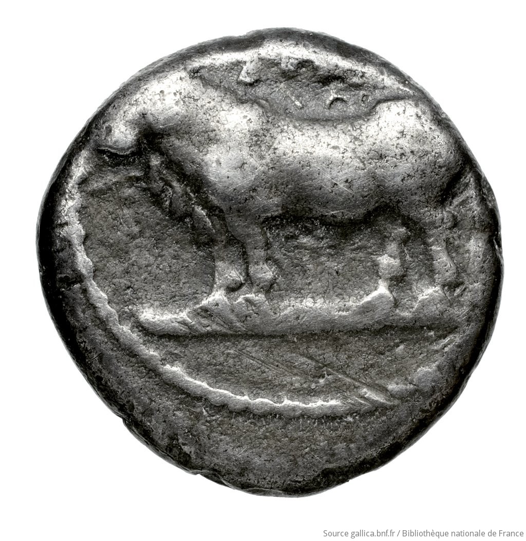 Obverse 'SilCoinCy A4604, Waddington, acc.no.: Waddington 4829. Silver coin of king Pny (-) of Paphos 500 - 480 BC. Weight: 3.38g, Axis: 2h, Diameter: 14mm. Obverse type: Bull standing left on exergual line; above, winged solar disk: border of dots.. Obverse symbol: -. Obverse legend: - in -. Reverse type: Eagle standing left; to left above, olive spray: incuse square.. Reverse symbol: -. Reverse legend: pa-pu in Cypriot syllabic. 'Inventaire de la Collection Waddington'.