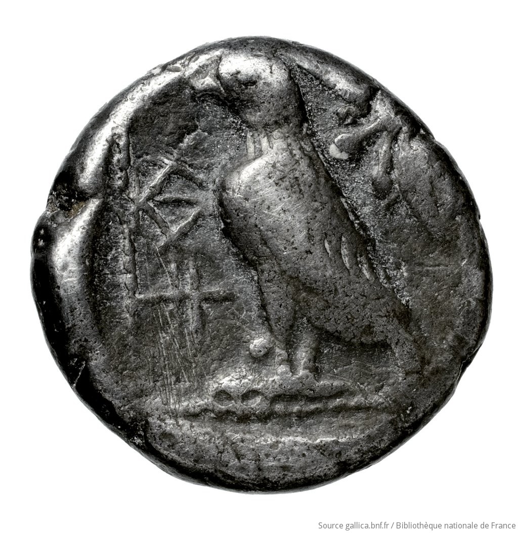 Reverse 'SilCoinCy A4604, Waddington, acc.no.: Waddington 4829. Silver coin of king Pny (-) of Paphos 500 - 480 BC. Weight: 3.38g, Axis: 2h, Diameter: 14mm. Obverse type: Bull standing left on exergual line; above, winged solar disk: border of dots.. Obverse symbol: -. Obverse legend: - in -. Reverse type: Eagle standing left; to left above, olive spray: incuse square.. Reverse symbol: -. Reverse legend: pa-pu in Cypriot syllabic. 'Inventaire de la Collection Waddington'.