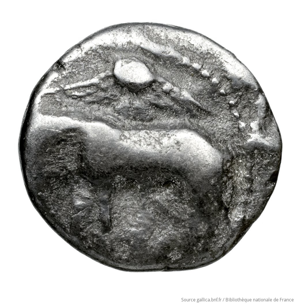 Obverse 'SilCoinCy A4606, Waddington, acc.no.: Waddington 4831. Silver coin of king Pny (-) of Paphos 500 - 480 BC. Weight: 1.58g, Axis: 5h, Diameter: 12mm. Obverse type: Bull standing left on exergual line; above, winged solar disk: border of dots.. Obverse symbol: -. Obverse legend: - in -. Reverse type: Eagle standing left; to left above, olive spray: incuse square.. Reverse symbol: -. Reverse legend: pa-pu in Cypriot syllabic. 'Inventaire de la Collection Waddington'.
