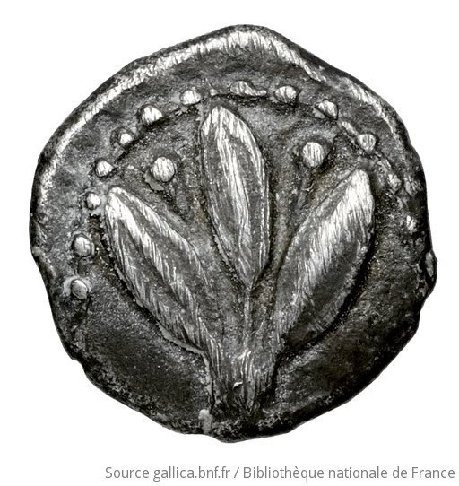 Obverse 'SilCoinCy A4609, Waddington, acc.no.: Waddington 4832. Silver coin of king  of Paphos . Weight: 0.48g, Axis: 11h, Diameter: 9mm. Obverse type:  olive-spray with three leaves and two berries. Obverse symbol: -. Obverse legend: - in -. Reverse type: Eagle standing left; to left above, olive spray: incuse square.. Reverse symbol: -. Reverse legend: pa-? in Cypriot syllabic. 'Inventaire de la Collection Waddington'.