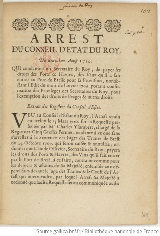 Arrêt du conseil d Etat qui condamne un secrétaire du roi de payer les