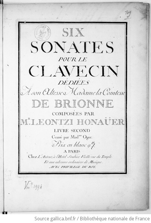 Six Sonates Pour Le Clavecin Compos Es Par Mr Leontzi Hona Er Livre