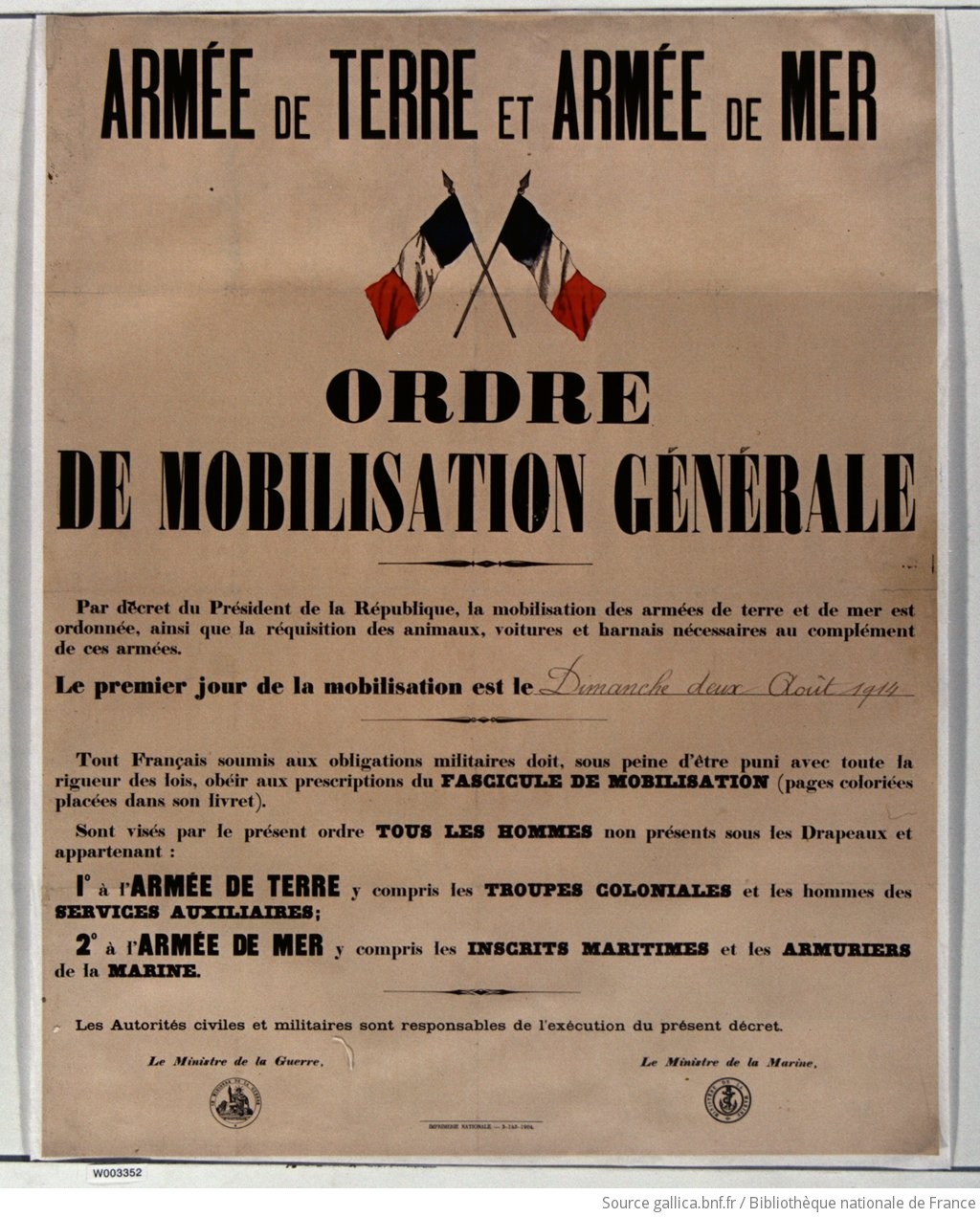 Armée de Terre et Armée de Mer. Ordre de mobilisation générale... Dimanche 2 août 1914... : [affiche] / [non identifié] - 1