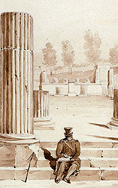 Ruines de Pompe. Vue de la basilique, avec une personne assise sur les marches. Dessin de Mazois, 19e sicle