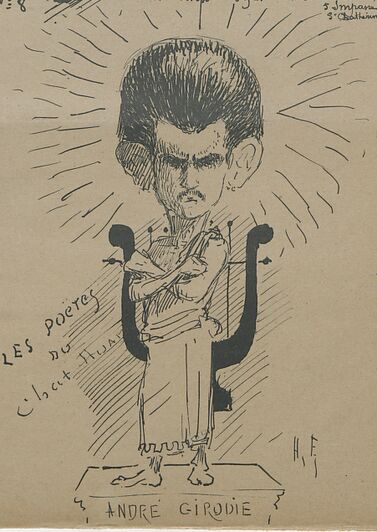 Les poètes du Chat-huant : André Girodie. Image publiée à Bordeaux le 31 [sic] avril 1892 dans le journal : Le Chat-huant