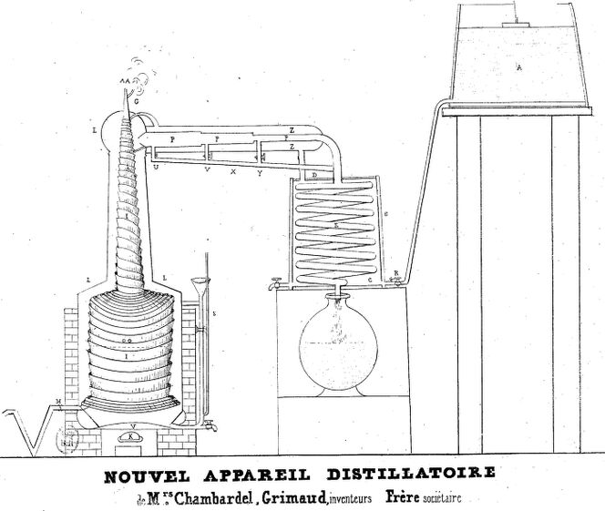 Nouvel appareil distillatoire de messieurs Chambardel, Grimaud, inventeurs, Frère, sociétaire. Image publiée à Poitiers en 1840/1841 dans le journal : Le Spectateur