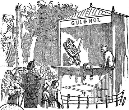 Guignol [Castelet dans un parc. Un chat regarde Guignol tombé sous les coups de bâton de Polichinelle]. Image publiée à Saumur le 10 avril 1866 dans le journal : Le Guignol