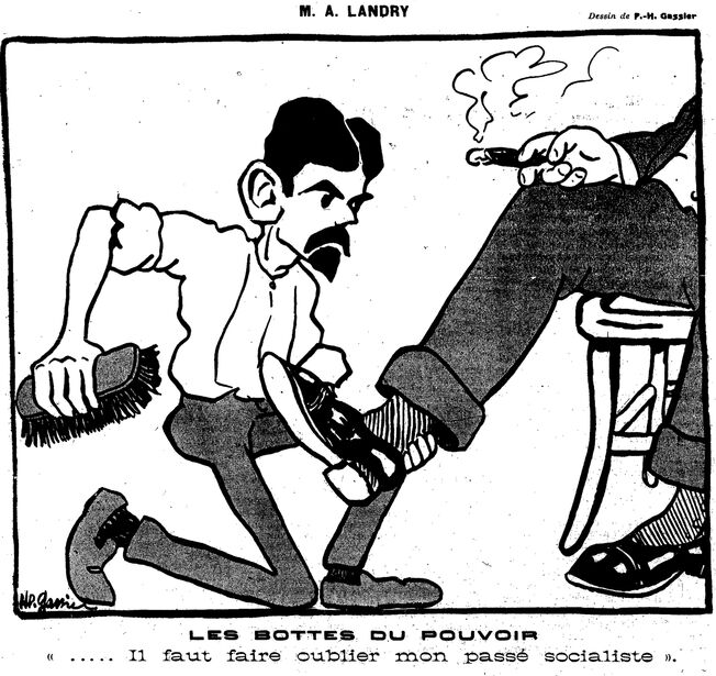 Adolphe Landry cire les bottes du pouvoir. Il faut faire oublier mon passé socialiste. Image publiée à Paris le 6 décembre 1913 dans le journal : Avanti! : journal politique corse