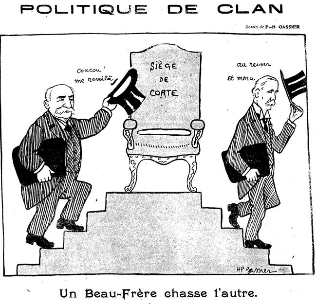 Politique de clan. Siège de Corte : un beau-frère chasse l'autre. Image publiée à Paris le 4 avril 1914 dans le journal : Avanti! : journal politique corse