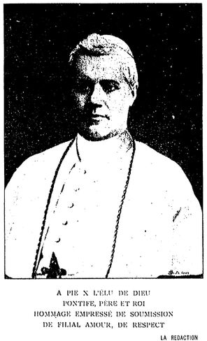 Le pape Pie X. Image publiée à Saint-Étienne en septembre 1903 dans le journal : Le Sentier : organe mensuel des œuvres de jeunesse et d'action catholique du Forez, du Velay et du Vivarais