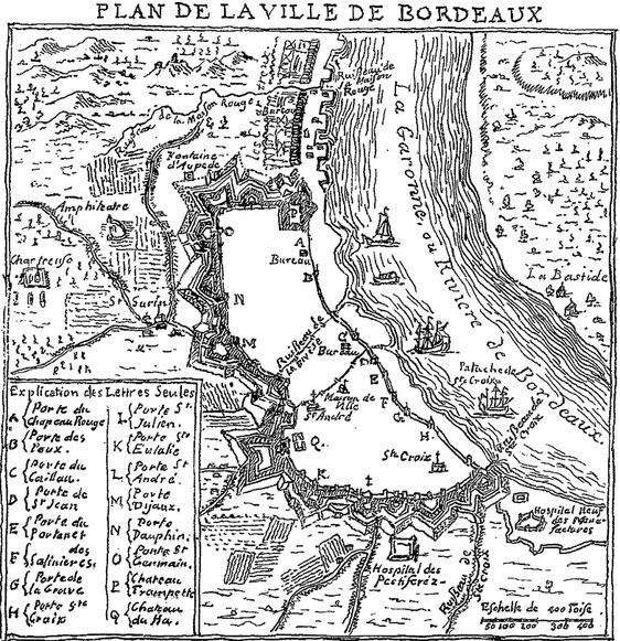 Plan de la ville de Bordeaux [en 1700, par Louis Bazin de Bezons, intendant de Bordeaux]. Image publiée à Bordeaux en octobre/novembre 1859 dans le journal : L'Agriculture comme source de richesse, comme garantie du repos social