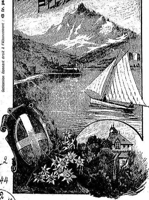 [Une montagne, un canot à voile sur un lac, les armoiries de la maison de Savoie, un château]. Image publiée à Chambéry et Aix-les-Bains en juin 1896 dans le journal : Bulletin trimestriel des syndicats d'initiative de la Savoie