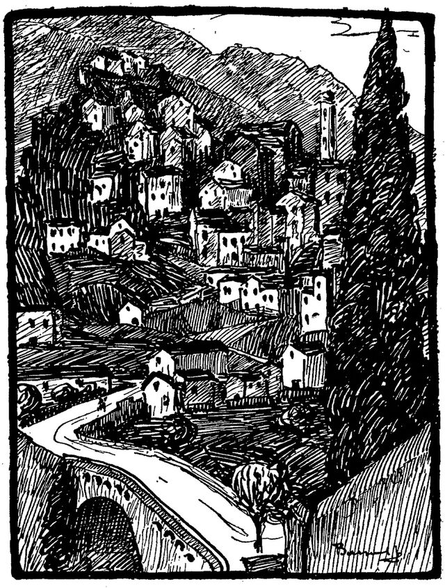 Corte (haute ville, église de l'Annonciation, pont vieux), par Jean-Baptiste Bassoul. Image publiée à Ajaccio en sept./oct. 1934 dans le journal : La Corse touristique