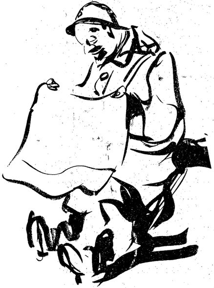 Un soldat français de la Première Guerre mondiale, lisant le journal. Dessin publié à Niort et Paris en novembre 1919 dans le journal : Le Pays d'Ouest