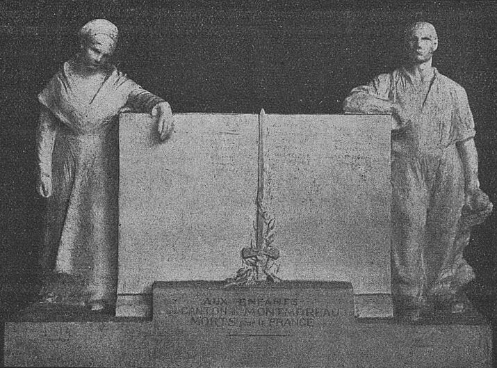 Maquette du monuments aux morts du canton de Montmoreau, Charente, par Émile Peyronnet. Image publiée à Niort et Paris en novembre 1919 dans le journal : Le Pays d'Ouest
