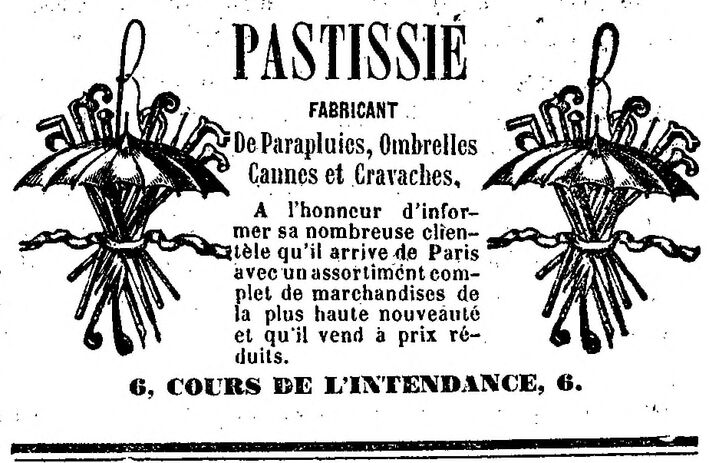 Pastissié, fabricant de parapluies, ombrelles, cannes et cravaches. Image publiée à Bordeaux le 18 juillet 1867 dans le journal : L'Office de publicité de la Gironde
