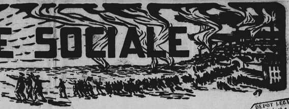 [Des ouvriers, sortant en file des usines enfumées, relèvent la tête en marchant vers l'Aube, jeune femme nue levant les bras dans un ciel pur]. Image publiée à Orléans le 6 septembre 1912 dans le journal : L'Aube sociale