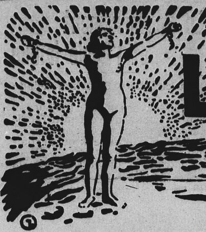 [Des ouvriers, sortant en file des usines enfumées, relèvent la tête en marchant vers l'Aube, jeune femme nue levant les bras dans un ciel pur]. Image publiée à Orléans le 6 septembre 1912 dans le journal : L'Aube sociale
