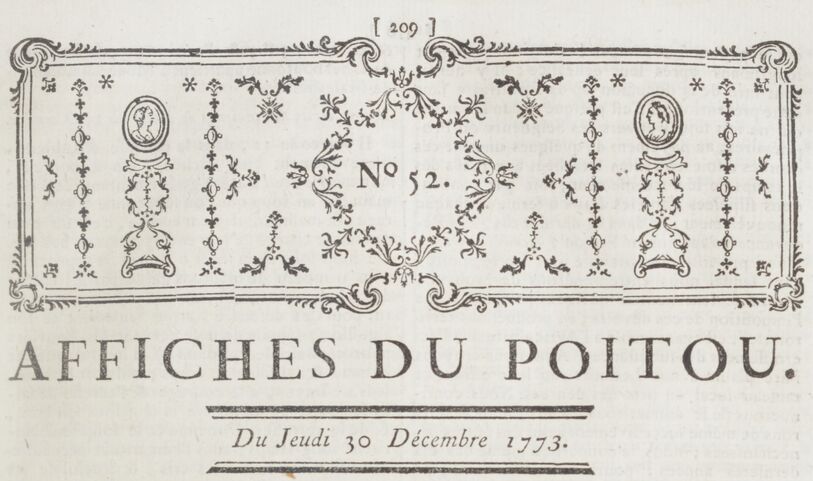 Bandeau de tête du journal : Affiches du Poitou. Image publiée à Poitiers le 30 décembre 1773