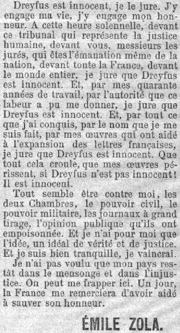 Article d'Émile Zola le 22 février 1898 dans le journal parisien : L'Aurore