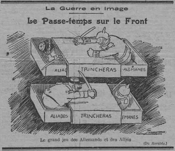 La guerre en image : le passe-temps sur le front. Le grand jeu des Allemands et des Alliés. Image publiée le 27 décembre 1914 dans le journal : La Lanterne