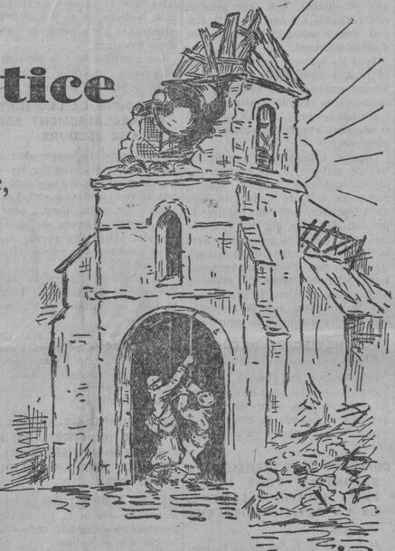 Fêtons l'armistice [Deux soldats sonnent la cloche d'un clocher en partie détruit]. Image publiée à Rennes en octobre 1935 dans le journal : Le Combattant d'Ille-et-Vilaine