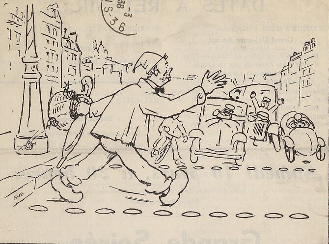 [Un Charentais en sabots, coiffé d'un bonnet, portant un parapluie et un panier de cagouilles (escargots), affronte le trafic automobile d'une rue de Paris]. Dessin publié à Paris le 1er mars 1938 dans le journal : Les Charentes à Paris