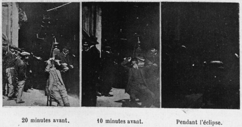 L'éclipse de soleil du 17 avril [1912]. 20 minutes avant. 10 minutes avant. Pendant l'éclipse. Image publiée à Angers en avril 1912 dans le journal : L'Anjou illustré