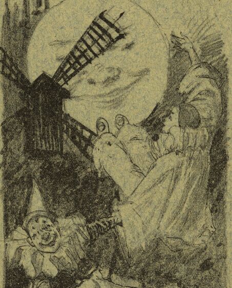 Mi-Carême [derrière les ailes d'un moulin, la lune sourit à Pierrot]. Image publiée à Rennes le 15 mars 1894 dans le journal : Le Grillon