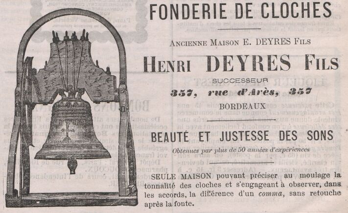 Fonderie de cloches Henri Deyres fils. Beauté et justesse des sons. Image publiée à Bordeaux le 1er décembre 1879 dans le journal : Revue catholique de Bordeaux