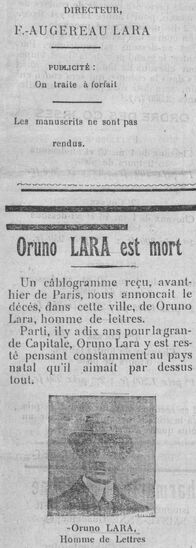 Oruno Lara est mort. Image publiée à Pointe-à-Pitre le 1er mars 1924 dans le journal : L'Action