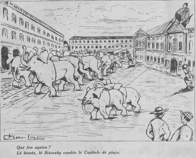 Biscouby déplaçant le Capitole !..., par Charlas. Image publiée à Toulouse le 15 septembre 1925 dans le journal : Le Capitole