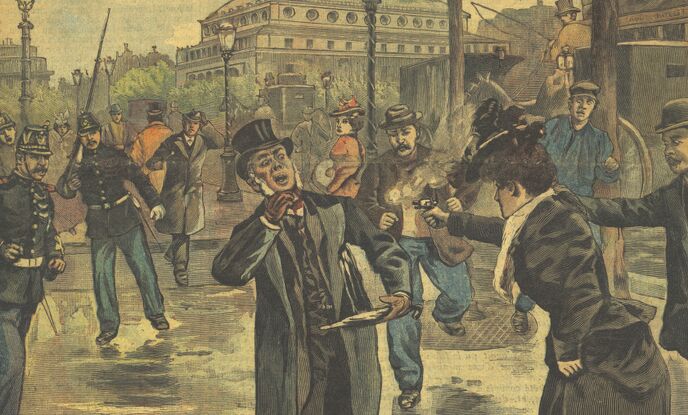 Le drame du boulevard du Palais : tentative d'assassinat sur un juge d'instruction. Image publiée à Corquilleroy le 3 décembre 1898 dans le journal : L'Abeille du Gâtinais