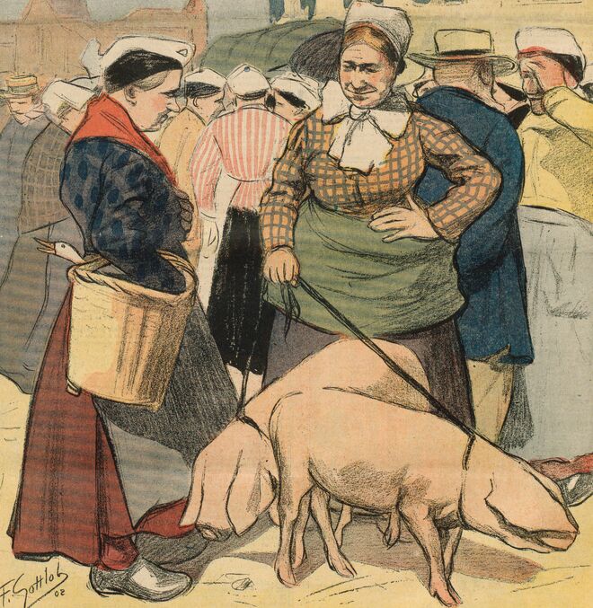 Deux femmes discutent au marché : l'une porte un canard dans son panier, l'autre tient en laisse deux cochons. Dessin de Fernand Gottlob publié à Aurillac le 13 juillet 1902 dans le journal : L'Avenir du Cantal illustré