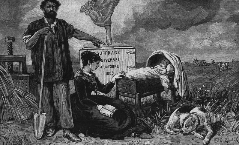 Paix, travail, liberté. Suffrage universel, 4 octobre 1885. Gravure d'Eugène Glück. Image publiée à Pithiviers le 27 septembre 1885 dans le journal : Pithiviers illustré