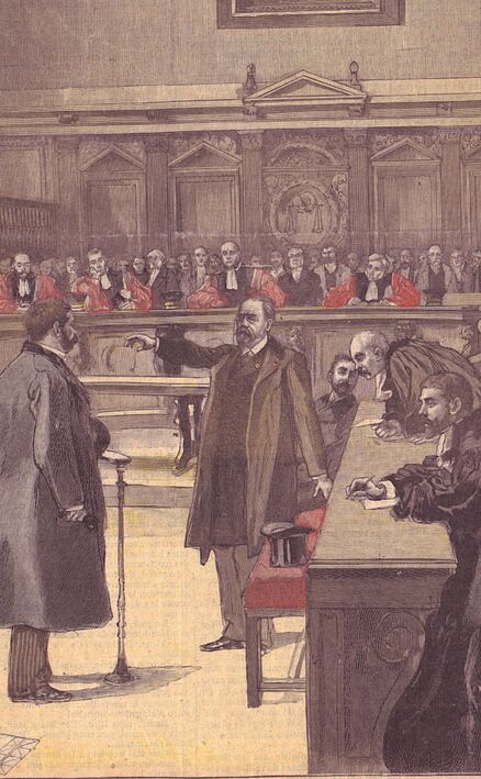 Émile Zola à la cour d'assises [affaire Dreyfus]. Image publiée à Toulouse le 13 février 1898 dans le journal : La Dépêche. Supplément illustré