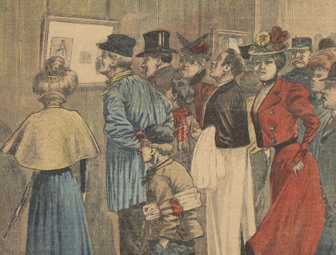 Un homme coupé en morceaux. La foule défilant, à la Morgue, devant les photographies du cadavre. Image publiée à Saint-Brieuc le 23 décembre 1900 dans le journal : Supplément illustré du Moniteur des Côtes-du-Nord