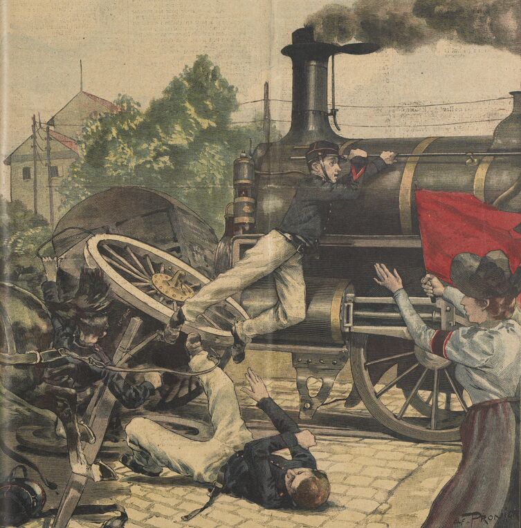 Accident de chemin de fer à Besançon : une prolonge d'artillerie tamponnée par un express. Image publiée à Montbéliard le 16 juillet 1899 dans le journal : Le Pays de Montbéliard. Supplément illustré du dimanche