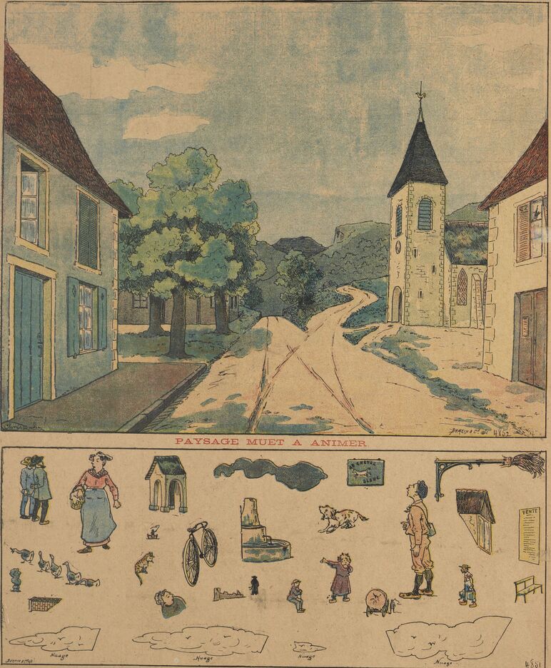 Grand concours du paysage muet à animer. Personnages et objets à placer dans le paysage muet. Image publiée à Château-Gontier le 24 mars 1901 dans le journal : Le Progrès illustré