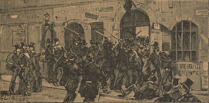 La sortie du meeting de Tivoli Vaux-Hall. Image publiée à Laval le 17 mai 1891 dans le journal : L'Avenir de la Mayenne illustré