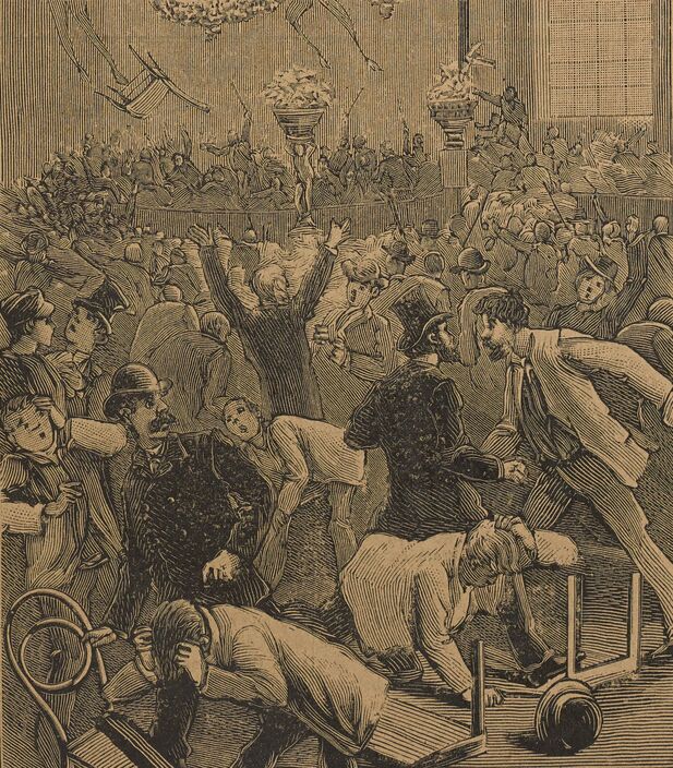 Altercations au meeting de Tivoli Vaux-hall, à la suite des événements de Fourmies. Image publiée à Laval le 17 mai 1891 dans le journal : L'Avenir de la Mayenne illustré