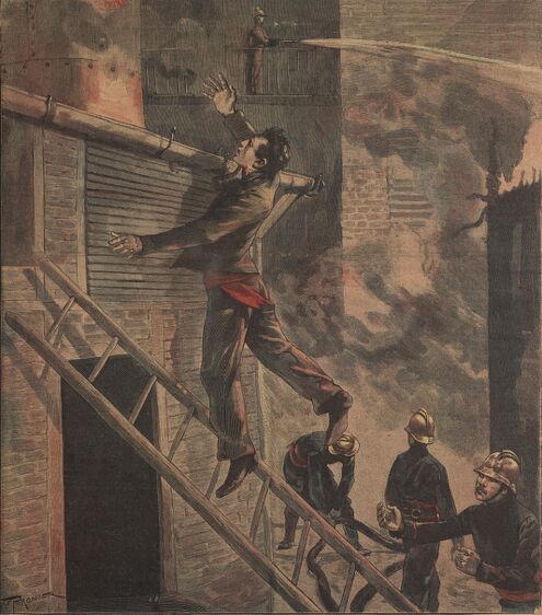 Incendie d'une usine à Saint-Denis. Un sauveteur victime de son dévouement. Image publiée à Saint-Claude le 21 octobre 1899 dans le journal : L'Indépendant de St-Claude. Supplément littéraire illustré