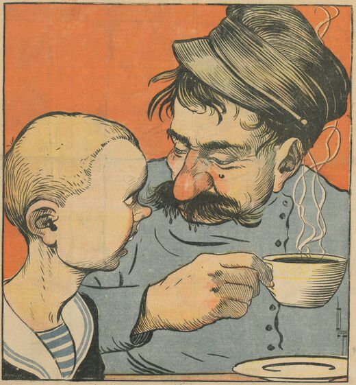 Les enfants gourmands. P'pa, j'ai pas eu de café... Laisse-moi goûter tes moustaches ? Image publiée à Dinan le 24 juin 1900 dans le journal : L'Indépendant dinannais. Supplément illustré
