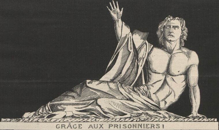 Grâce aux prisonniers ! Mort de Bonchamps. Moulage de la statue de Bonchamps par David d'Angers (existant au Musée de Cholet). Image publiée à Cholet le 7 février 1886 dans le journal : Le Choletais illustré