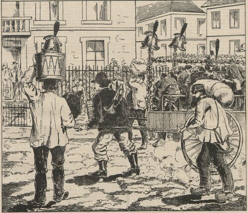 Désarmement des pompiers de Cholet. Image publiée à Cholet le 19 septembre 1886 dans le journal : Le Choletais illustré