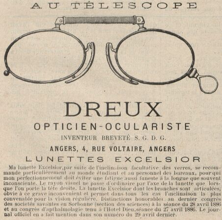 Dreux opticien-oculariste inventeur, Angers, 4 rue Voltaire. Lunettes Excelsior. Image publiée à Cholet le 23 janvier 1887 dans le journal : Le Choletais illustré