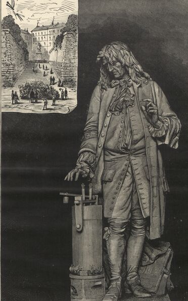 Denis Papin. Statue de Millet. Image publiée à Cholet le 30 janvier 1887 dans le journal : Le Choletais illustré
